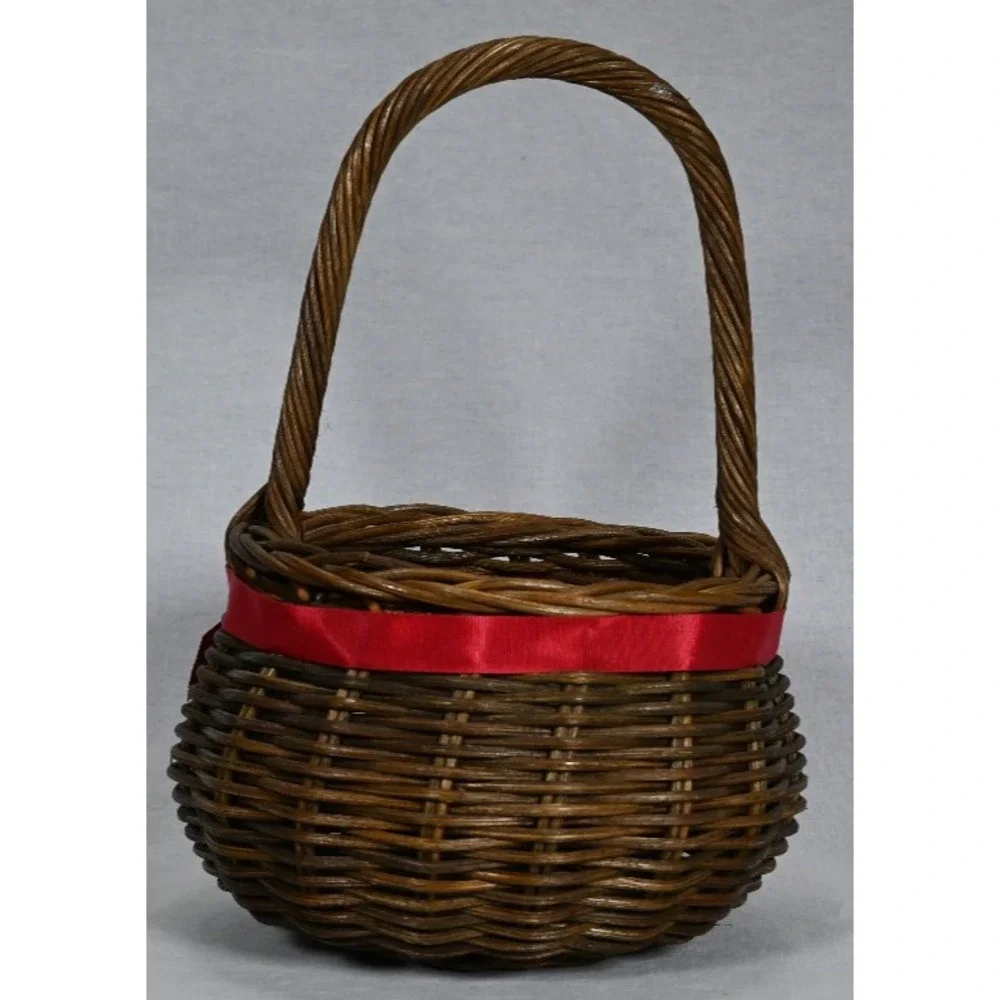 Vintage Lillian Vernon Wicker Rattan Basket Red Ribbon Round Woven 10-3/4